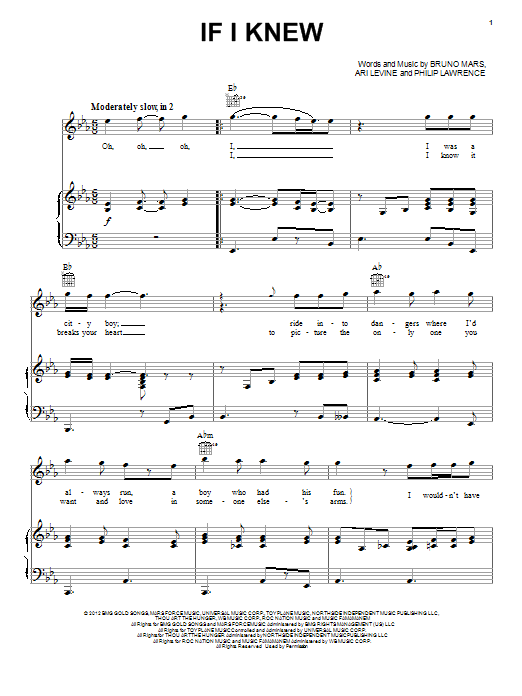 Bruno Mars If I Knew sheet music notes and chords arranged for Guitar Chords/Lyrics