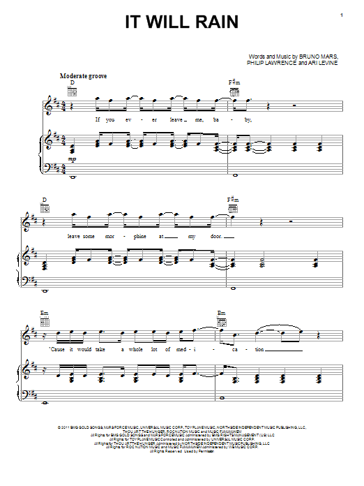Bruno Mars It Will Rain sheet music notes and chords arranged for Easy Guitar Tab
