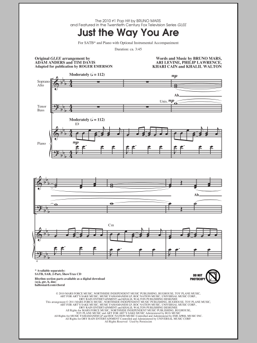 Bruno Mars Just The Way You Are (from Glee) (arr. Roger Emerson) sheet music notes and chords arranged for 2-Part Choir