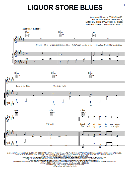 Bruno Mars Liquor Store Blues sheet music notes and chords arranged for Piano, Vocal & Guitar Chords (Right-Hand Melody)