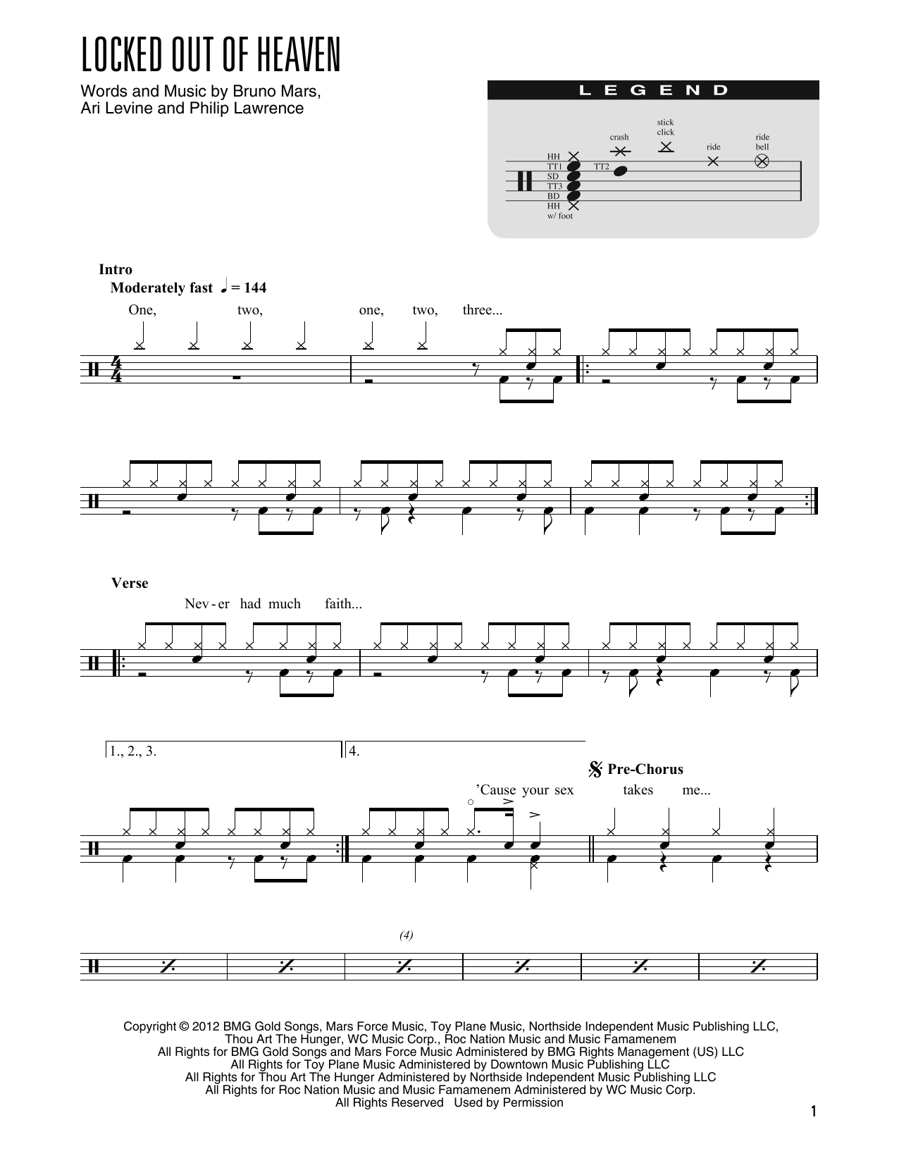 Bruno Mars Locked Out Of Heaven (arr. Kennan Wylie) sheet music notes and chords arranged for Drum Chart