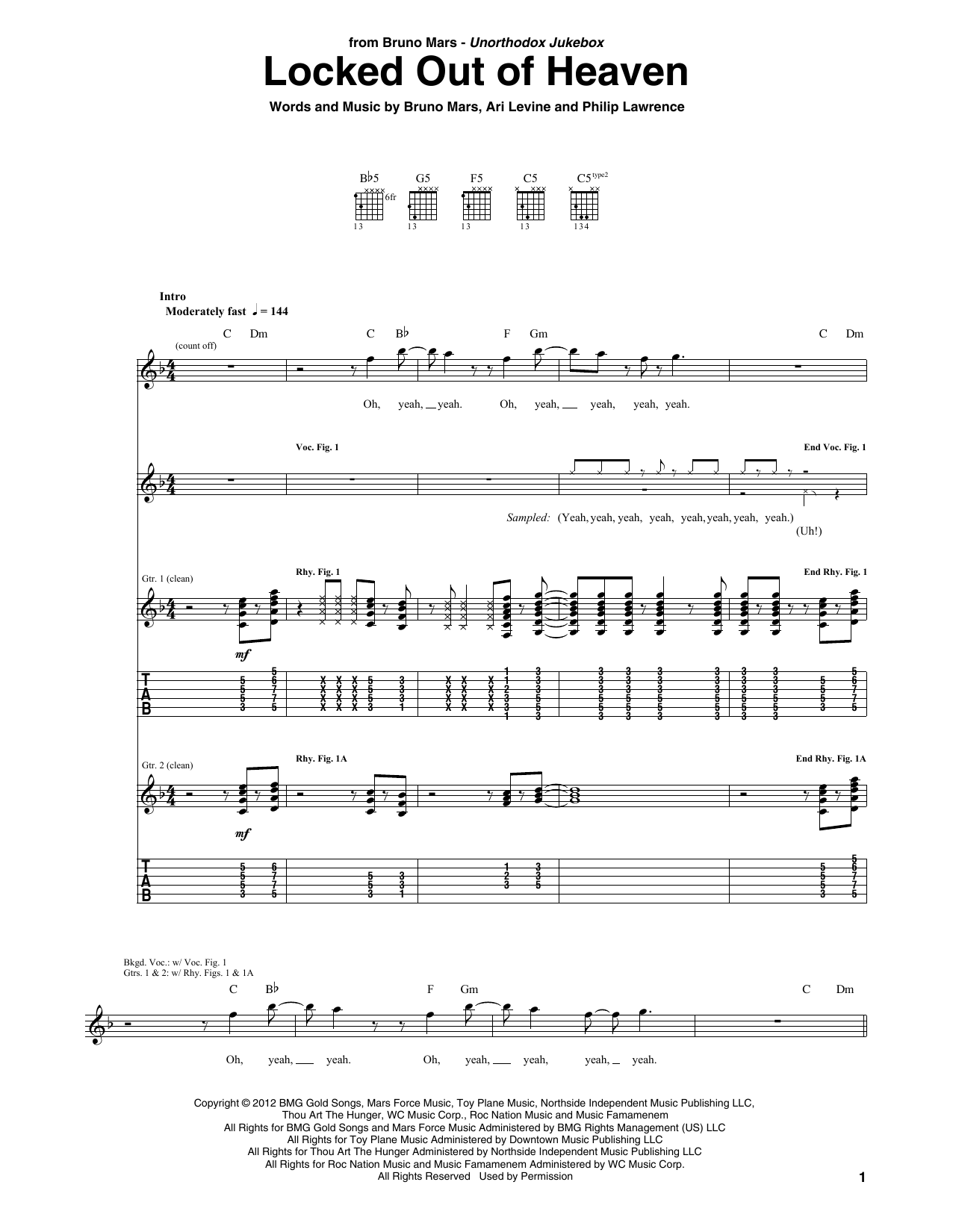 Bruno Mars Locked Out Of Heaven sheet music notes and chords arranged for Piano Chords/Lyrics