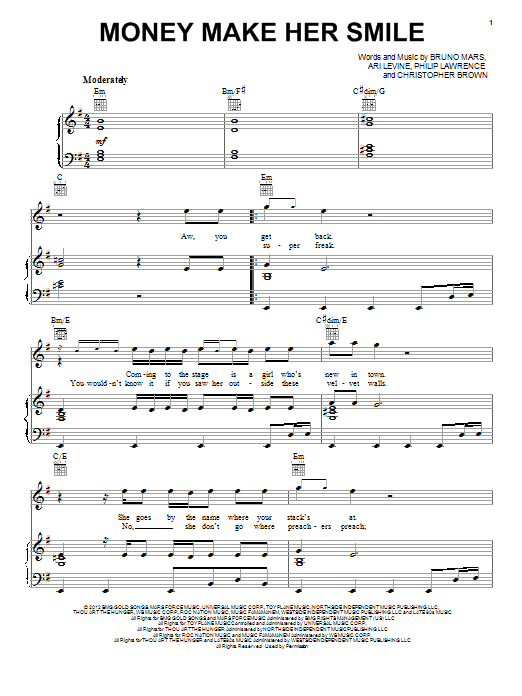 Bruno Mars Money Make Her Smile sheet music notes and chords arranged for Easy Guitar Tab