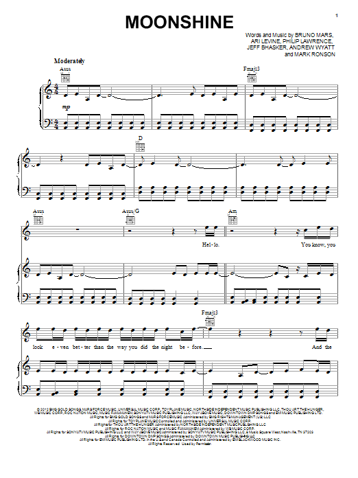 Bruno Mars Moonshine sheet music notes and chords arranged for Guitar Chords/Lyrics