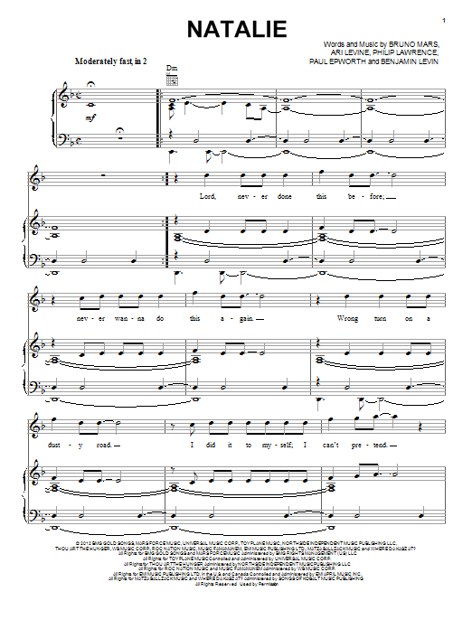 Bruno Mars Natalie sheet music notes and chords arranged for Piano, Vocal & Guitar Chords (Right-Hand Melody)