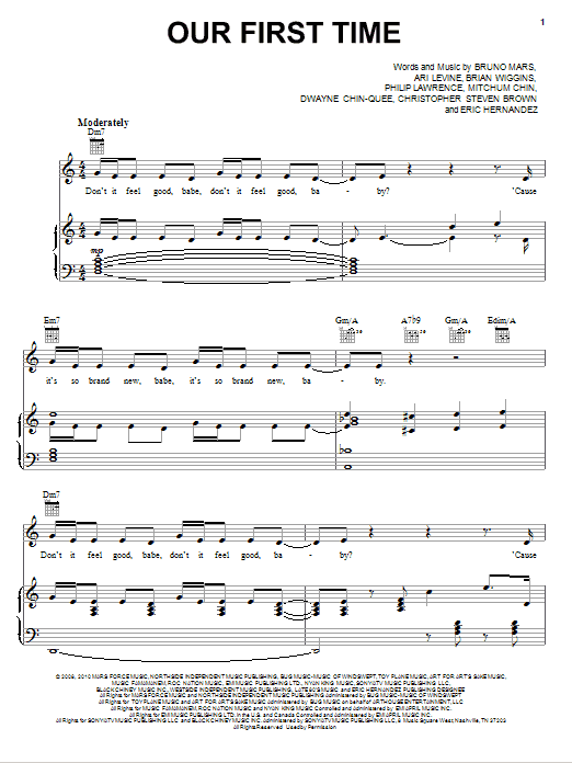 Bruno Mars Our First Time sheet music notes and chords arranged for Piano, Vocal & Guitar Chords (Right-Hand Melody)