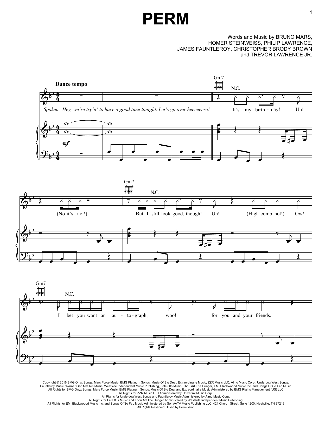 Bruno Mars Perm sheet music notes and chords arranged for Piano, Vocal & Guitar Chords (Right-Hand Melody)