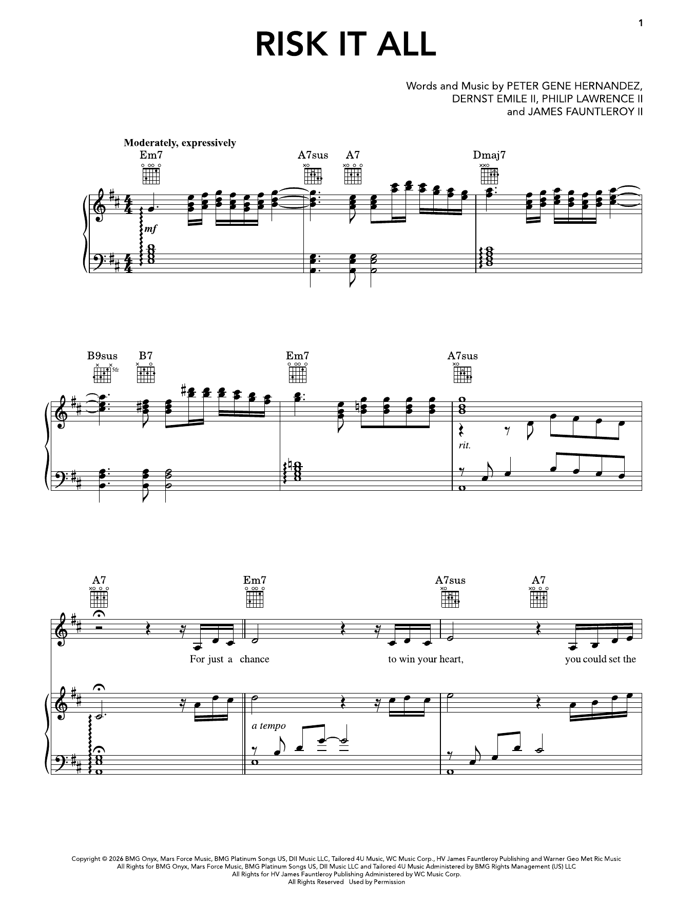 Bruno Mars Risk It All sheet music notes and chords arranged for Super Easy Piano