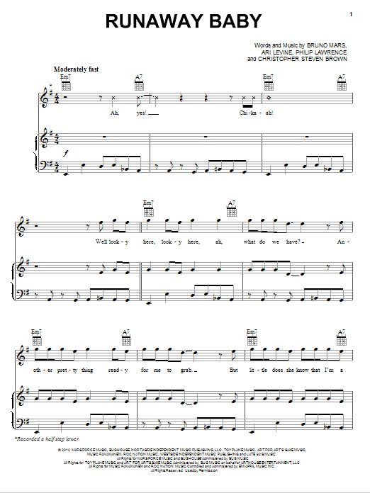 Bruno Mars Runaway Baby sheet music notes and chords arranged for Guitar Tab (Single Guitar)
