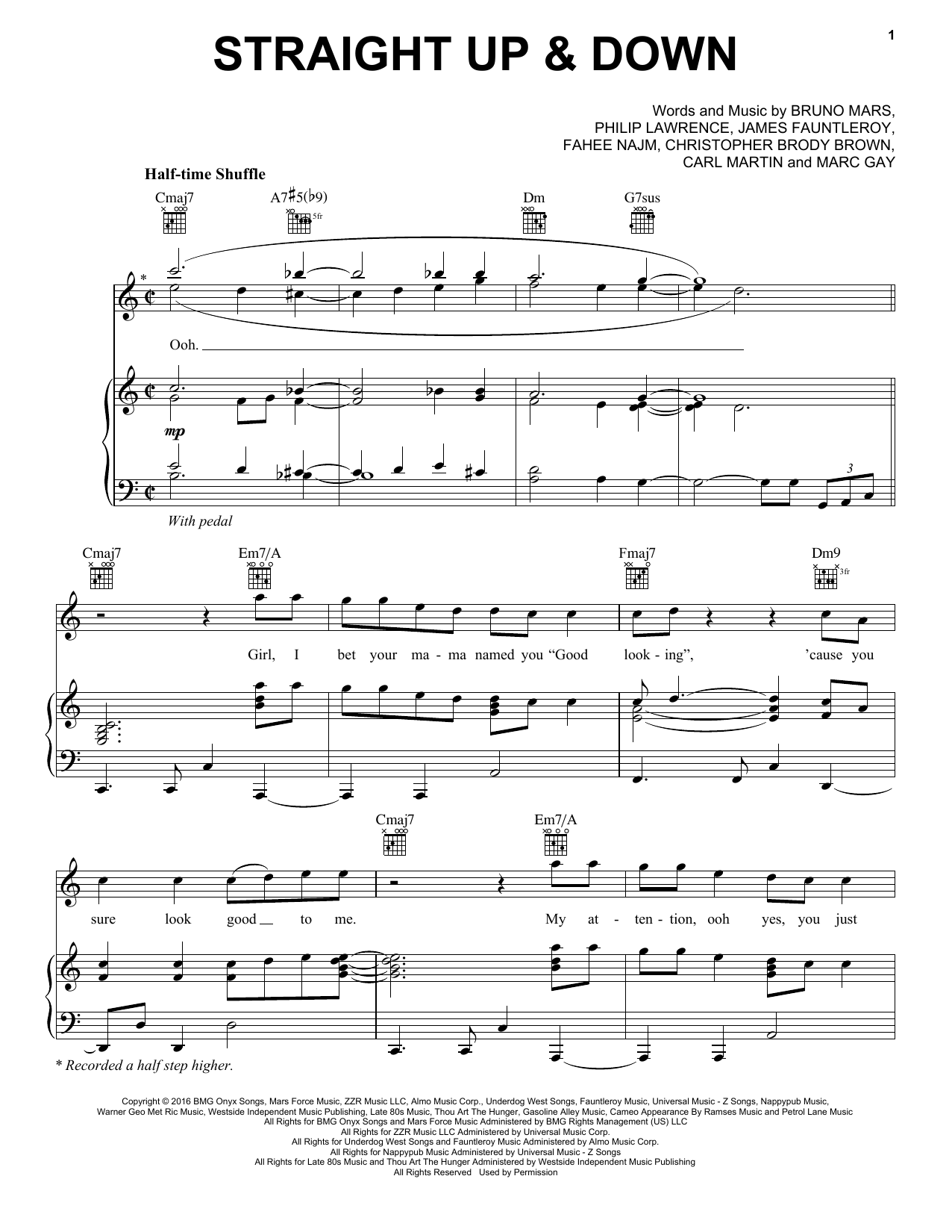 Bruno Mars Straight Up & Down sheet music notes and chords arranged for Piano, Vocal & Guitar Chords (Right-Hand Melody)