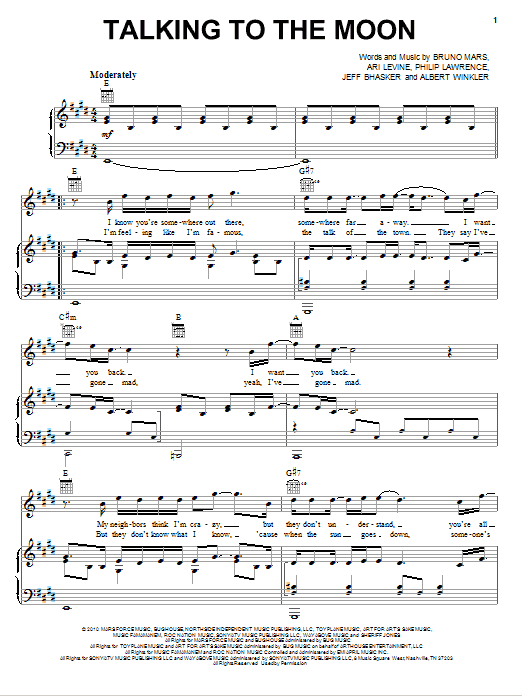 Bruno Mars Talking To The Moon sheet music notes and chords arranged for Piano, Vocal & Guitar Chords