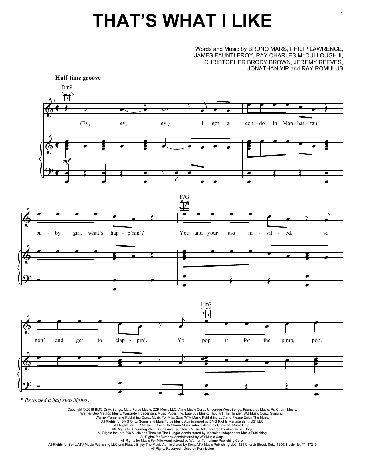 Bruno Mars That's What I Like sheet music notes and chords arranged for Easy Piano
