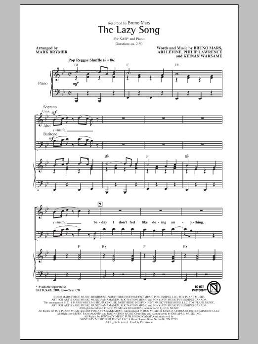 Bruno Mars The Lazy Song (arr. Mark Brymer) sheet music notes and chords arranged for SAB Choir