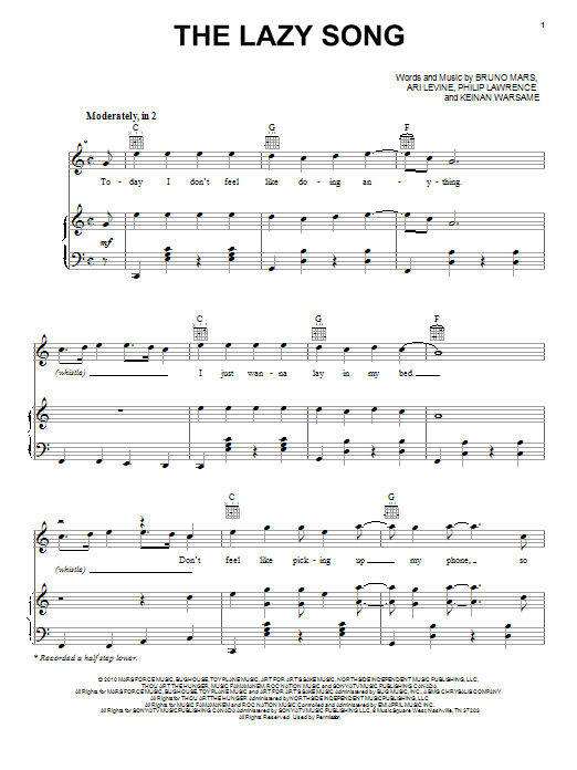 Bruno Mars The Lazy Song sheet music notes and chords arranged for Easy Guitar