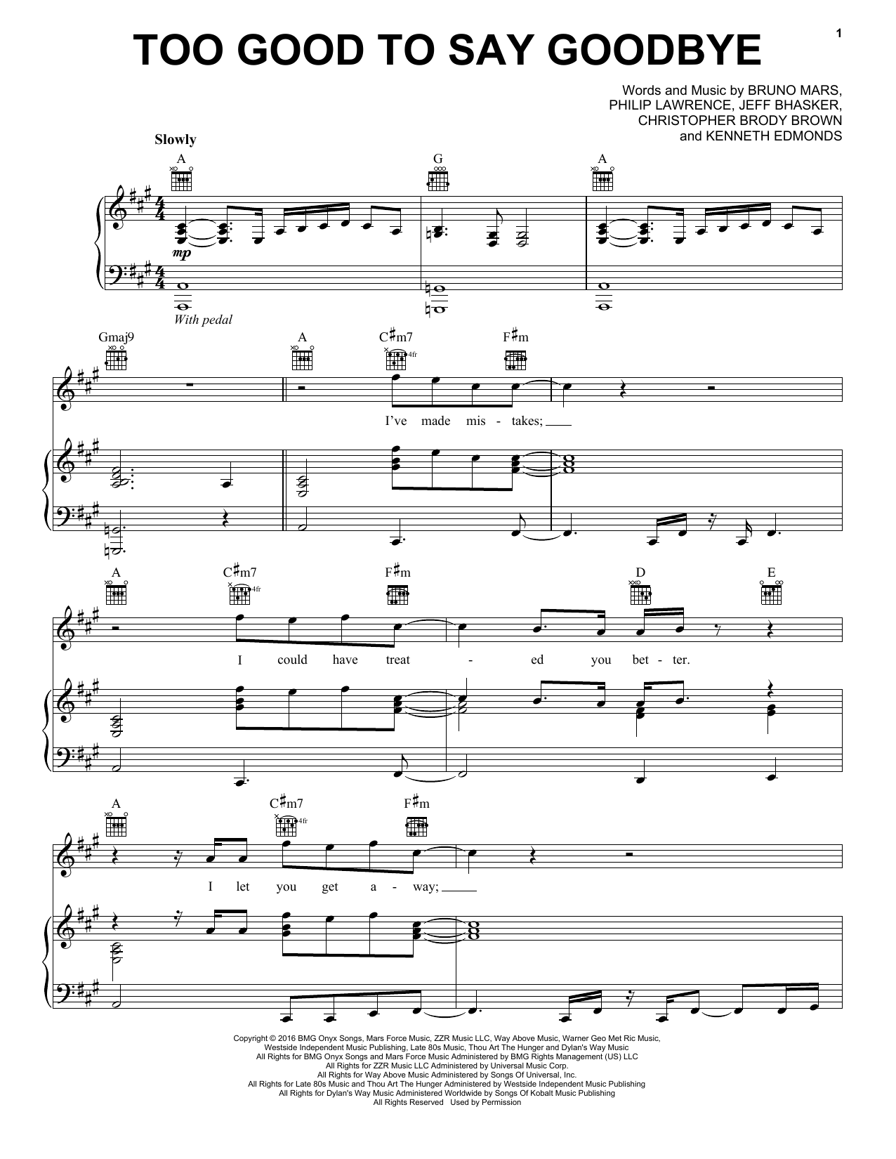 Bruno Mars Too Good To Say Goodbye sheet music notes and chords arranged for Piano, Vocal & Guitar Chords (Right-Hand Melody)