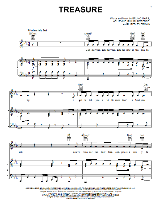 Bruno Mars Treasure sheet music notes and chords arranged for Piano, Vocal & Guitar Chords (Right-Hand Melody)
