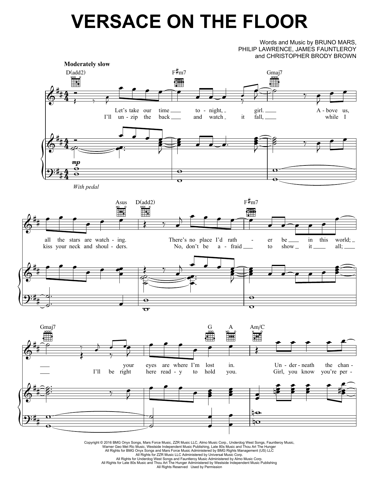 Bruno Mars Versace On The Floor sheet music notes and chords arranged for Piano, Vocal & Guitar Chords (Right-Hand Melody)