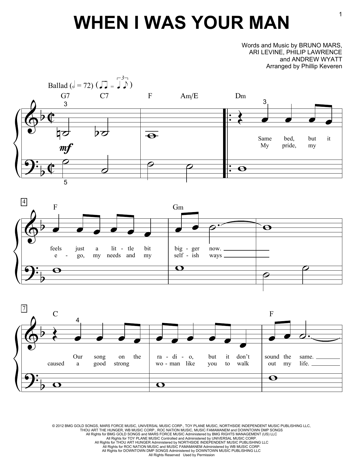Bruno Mars When I Was Your Man (arr. Phillip Keveren) sheet music notes and chords arranged for Big Note Piano