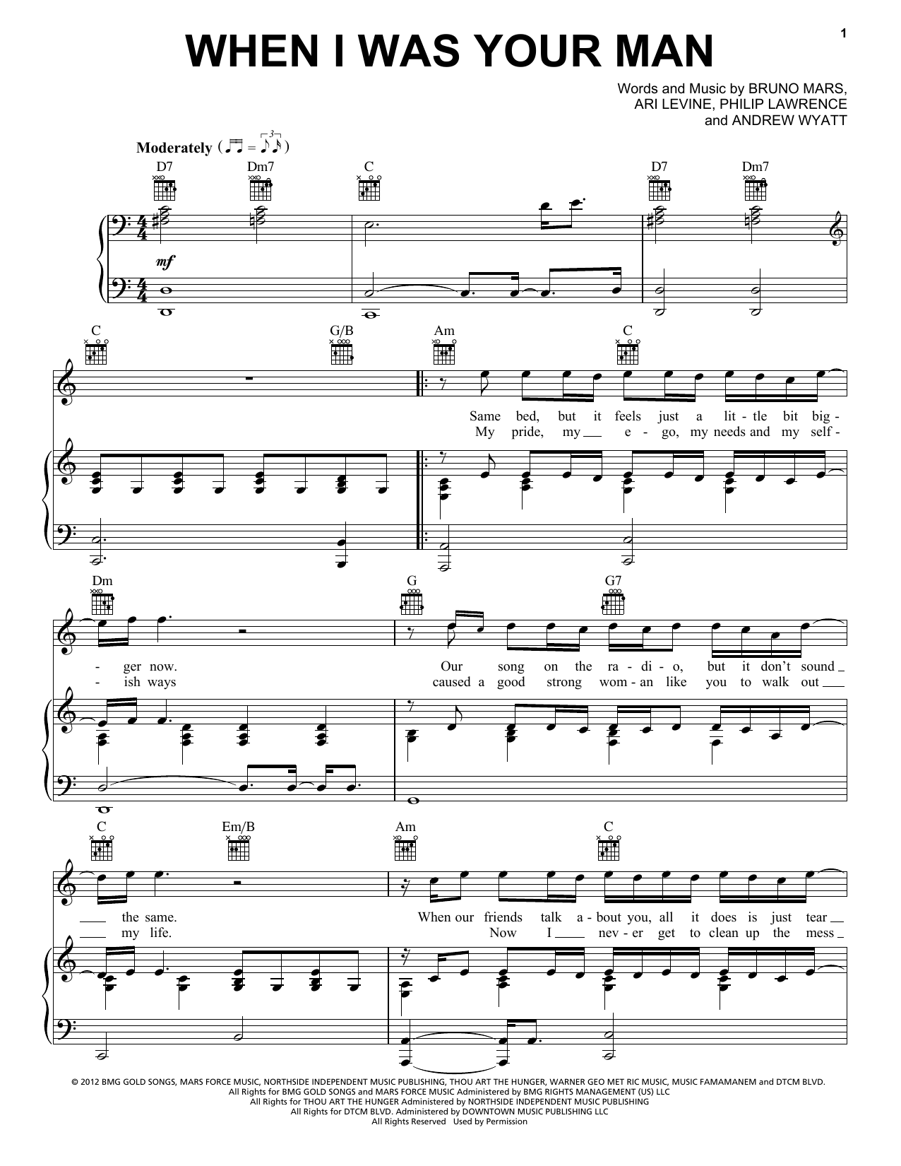 Bruno Mars When I Was Your Man sheet music notes and chords arranged for Pro Vocal