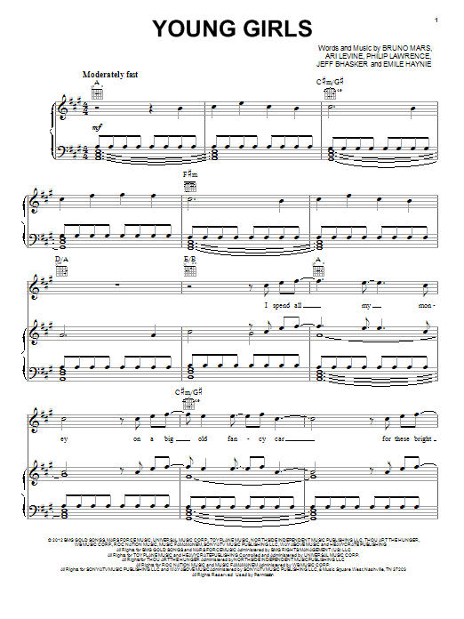 Bruno Mars Young Girls sheet music notes and chords arranged for Easy Piano