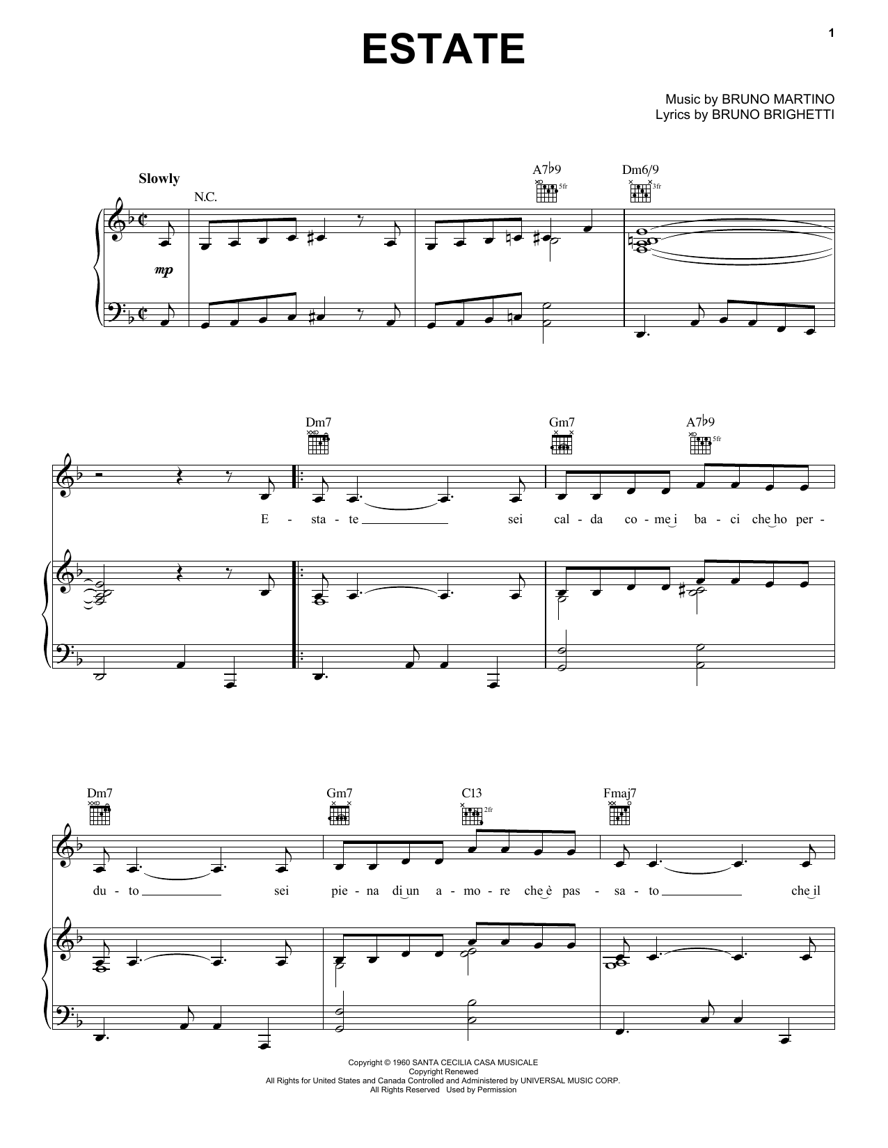 Bruno Martino Estate sheet music notes and chords arranged for Guitar Chords/Lyrics