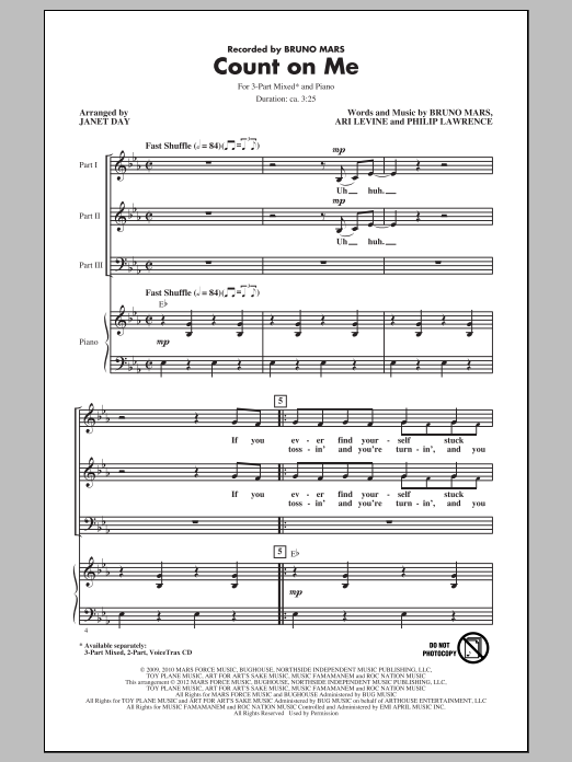 Bruno Mars Count On Me (arr. Janet Day) sheet music notes and chords arranged for 3-Part Mixed Choir