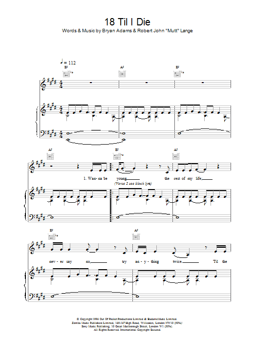Bryan Adams 18 'Til I Die sheet music notes and chords arranged for Guitar Chords/Lyrics