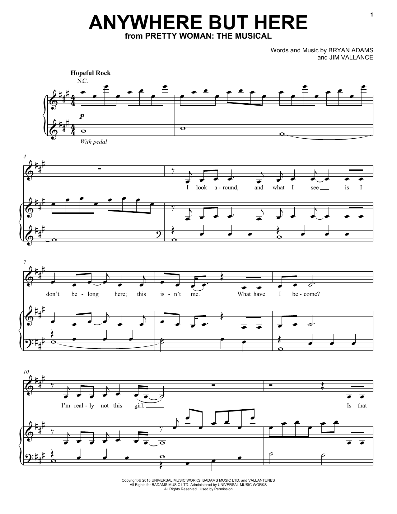 Bryan Adams & Jim Vallance Anywhere But Here (from Pretty Woman: The Musical) sheet music notes and chords arranged for Piano, Vocal & Guitar Chords (Right-Hand Melody)