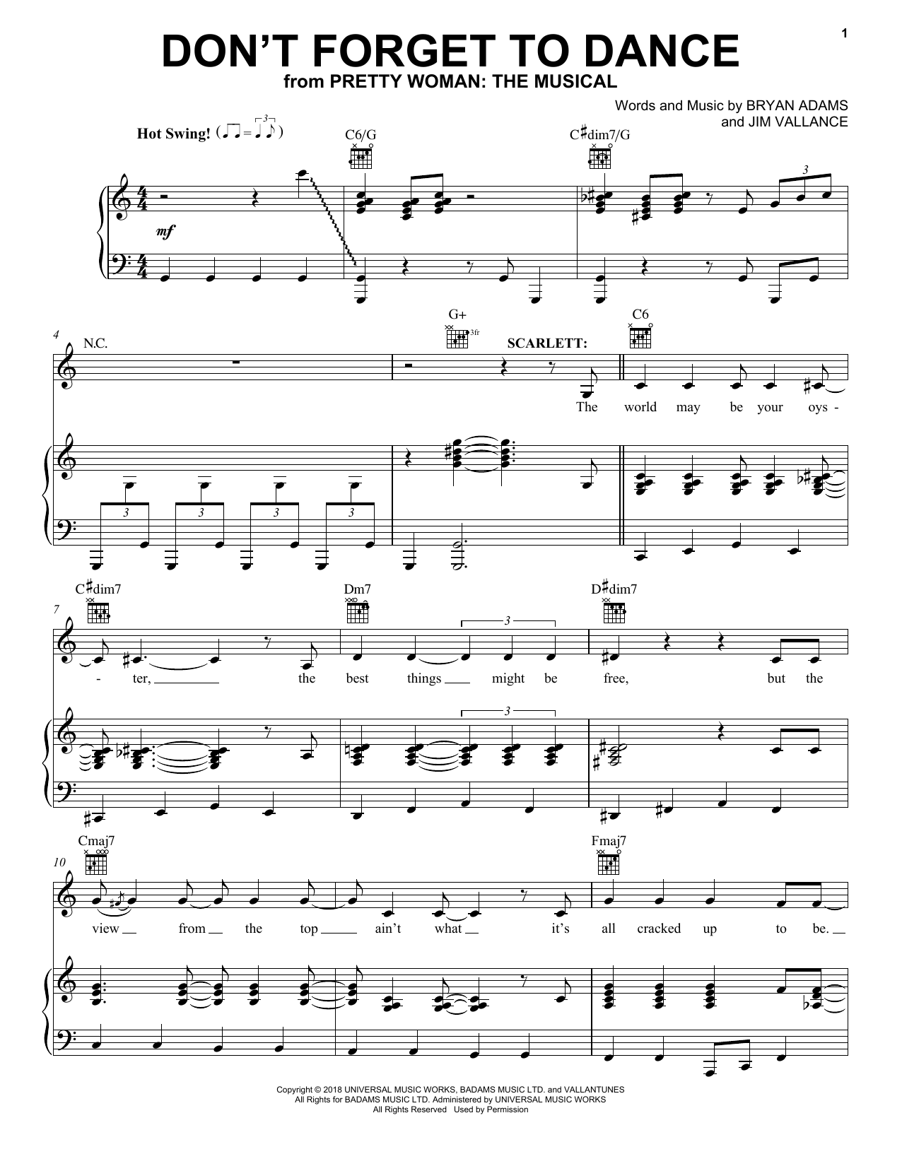 Bryan Adams & Jim Vallance Don't Forget To Dance (from Pretty Woman: The Musical) sheet music notes and chords arranged for Piano, Vocal & Guitar Chords (Right-Hand Melody)