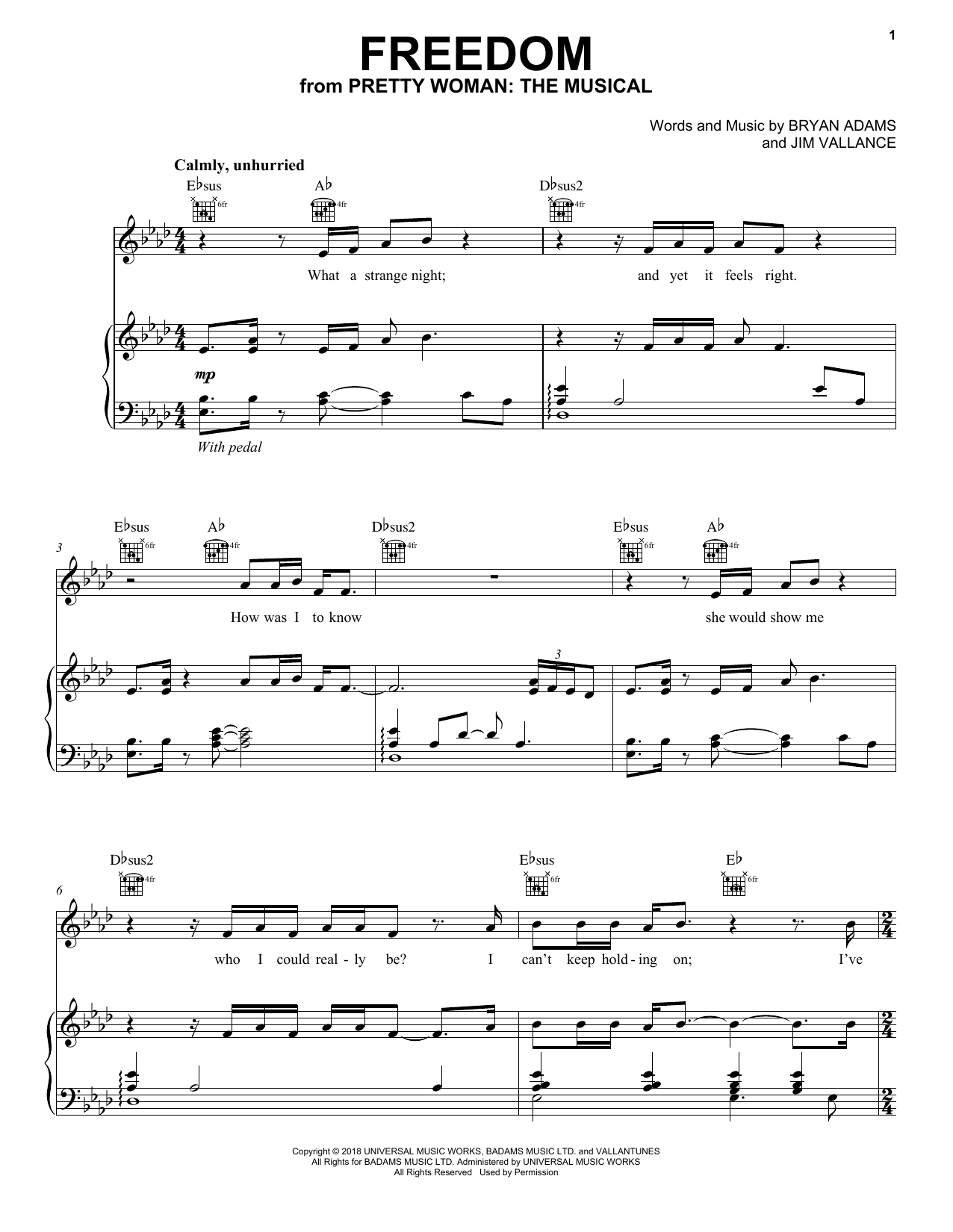 Bryan Adams & Jim Vallance Freedom (from Pretty Woman: The Musical) sheet music notes and chords arranged for Piano, Vocal & Guitar Chords (Right-Hand Melody)