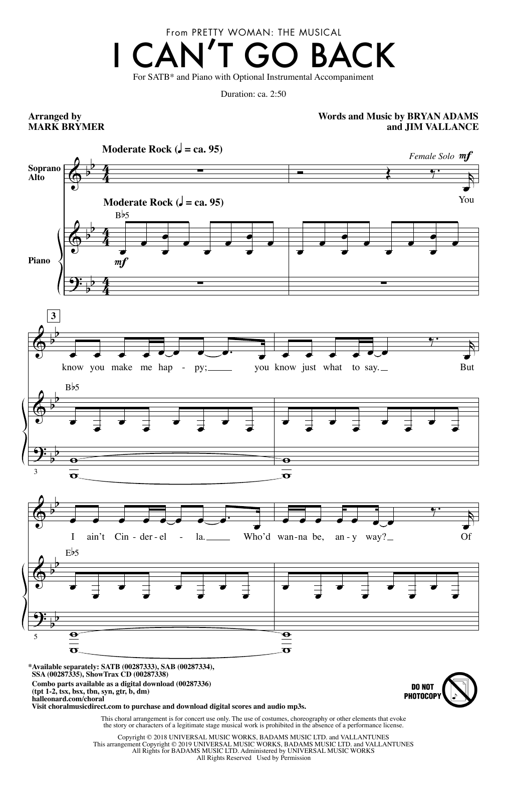 Bryan Adams & Jim Vallance I Can't Go Back (from Pretty Woman: The Musical) (arr. Mark Brymer) sheet music notes and chords arranged for SSA Choir
