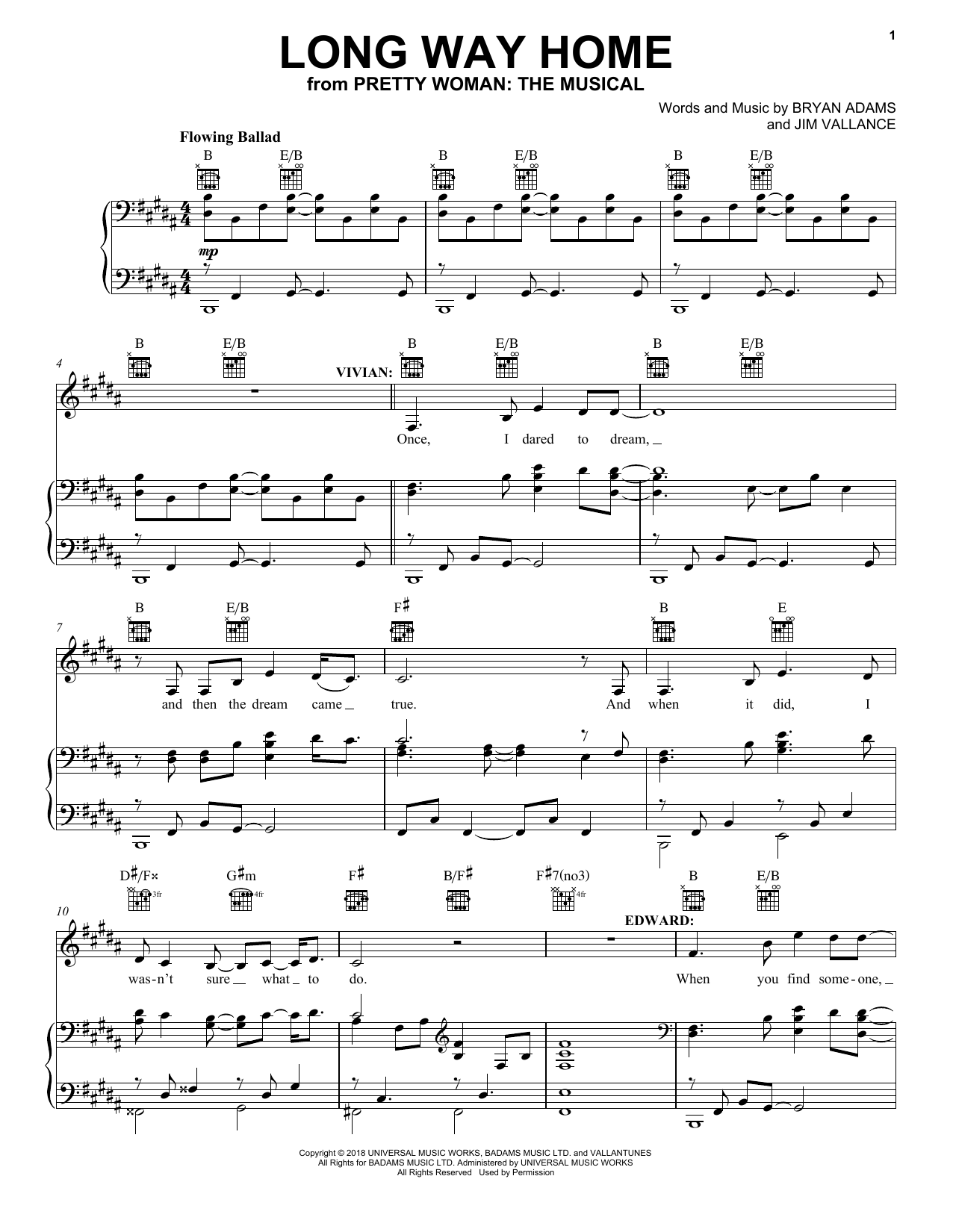 Bryan Adams & Jim Vallance Long Way Home (from Pretty Woman: The Musical) sheet music notes and chords arranged for Piano, Vocal & Guitar Chords (Right-Hand Melody)