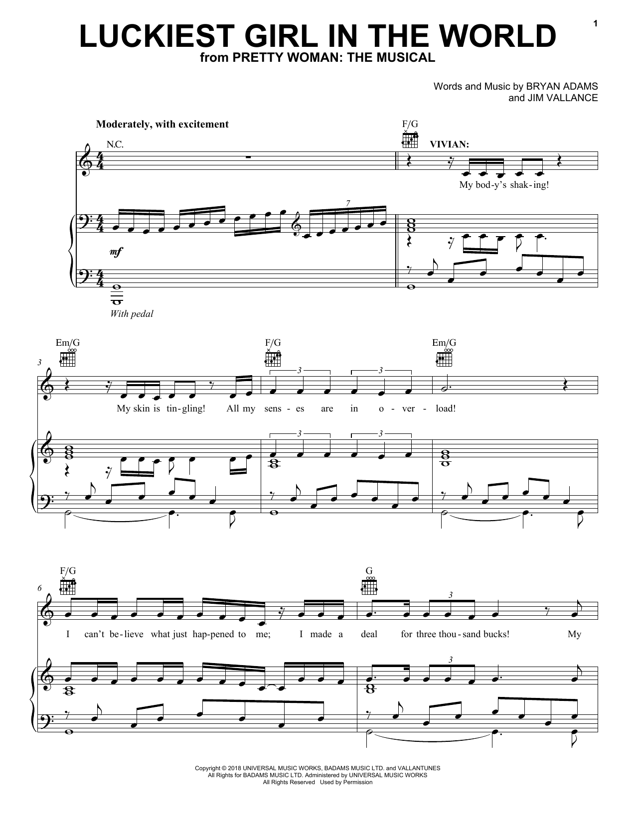 Bryan Adams & Jim Vallance Luckiest Girl In The World (from Pretty Woman: The Musical) sheet music notes and chords arranged for Piano, Vocal & Guitar Chords (Right-Hand Melody)