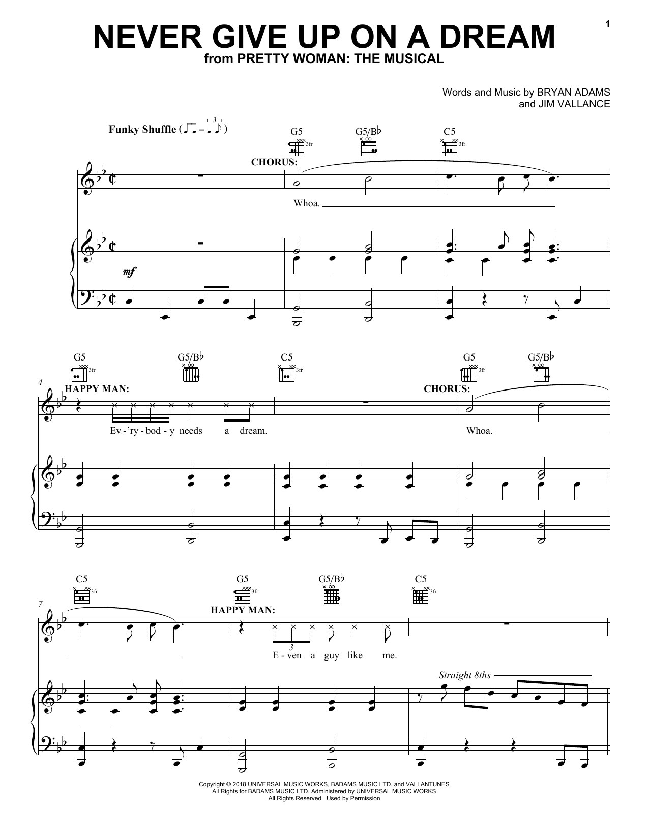 Bryan Adams & Jim Vallance Never Give Up On A Dream (from Pretty Woman: The Musical) sheet music notes and chords arranged for Piano, Vocal & Guitar Chords (Right-Hand Melody)