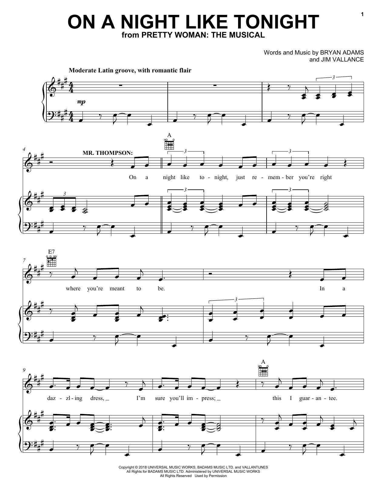 Bryan Adams & Jim Vallance On A Night Like Tonight (from Pretty Woman: The Musical) sheet music notes and chords arranged for Piano, Vocal & Guitar Chords (Right-Hand Melody)