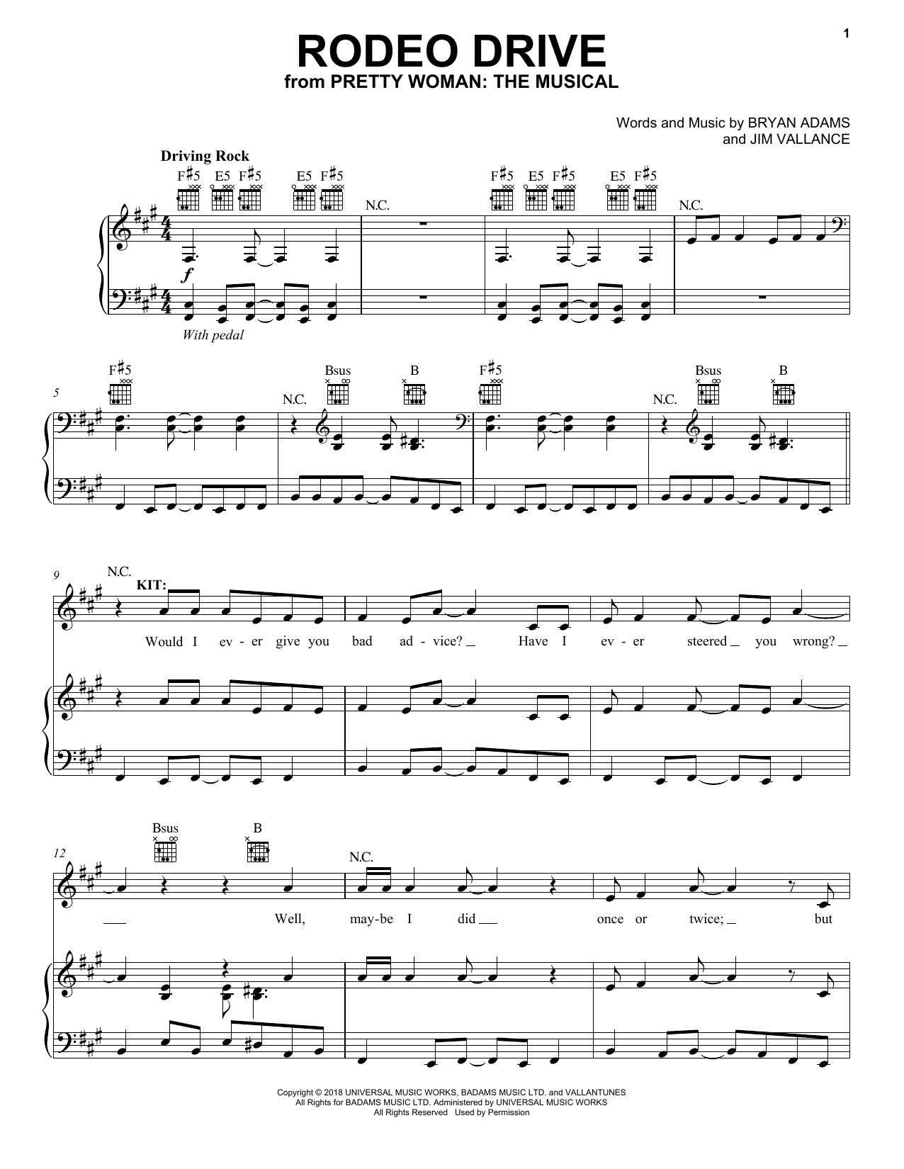 Bryan Adams & Jim Vallance Rodeo Drive (from Pretty Woman: The Musical) sheet music notes and chords arranged for Piano, Vocal & Guitar Chords (Right-Hand Melody)