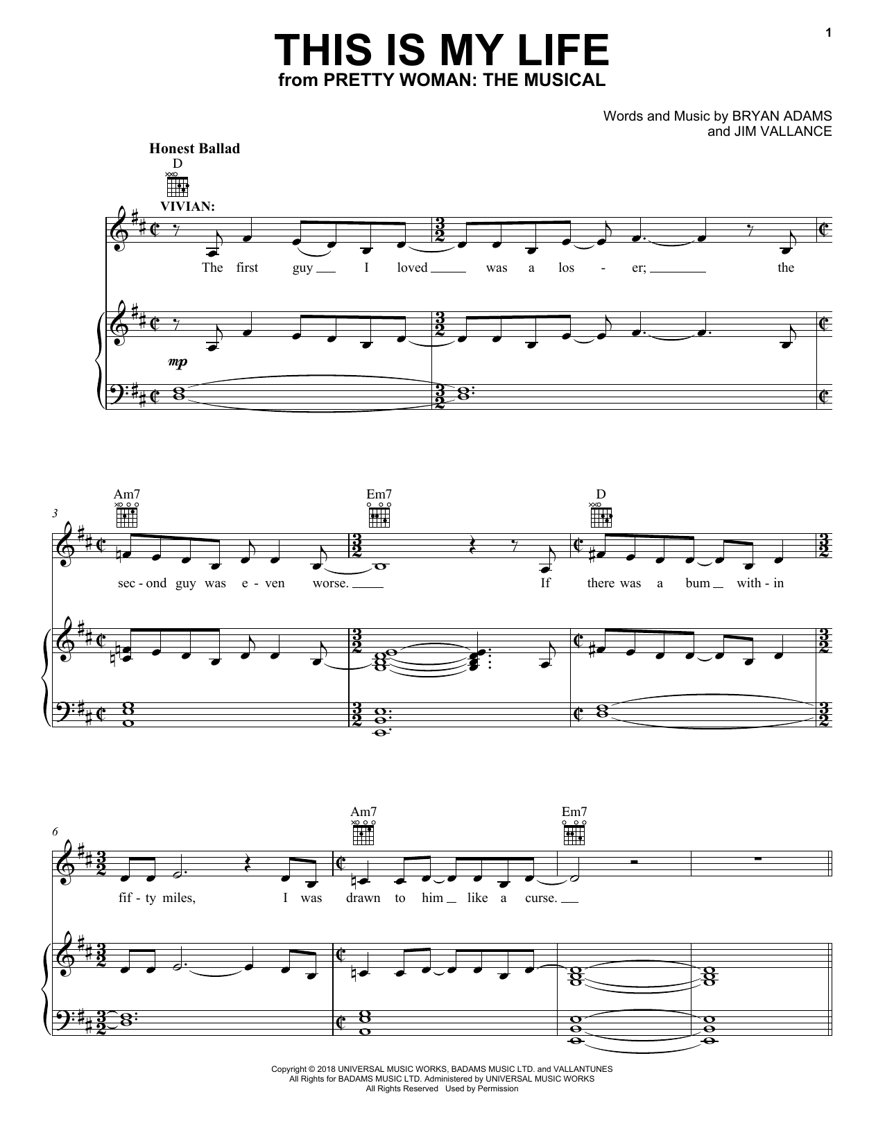 Bryan Adams & Jim Vallance This Is My Life (from Pretty Woman: The Musical) sheet music notes and chords arranged for Piano, Vocal & Guitar Chords (Right-Hand Melody)