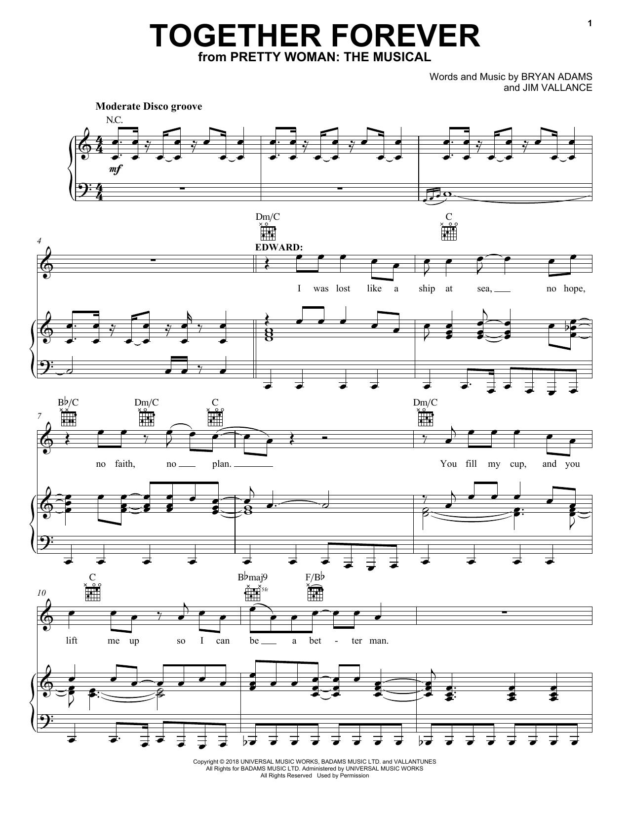 Bryan Adams & Jim Vallance Together Forever (from Pretty Woman: The Musical) sheet music notes and chords arranged for Piano, Vocal & Guitar Chords (Right-Hand Melody)