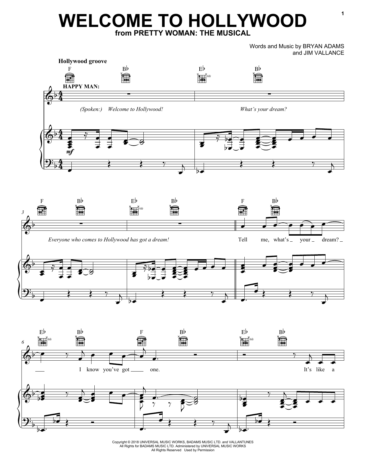 Bryan Adams & Jim Vallance Welcome To Hollywood (from Pretty Woman: The Musical) sheet music notes and chords arranged for Piano, Vocal & Guitar Chords (Right-Hand Melody)