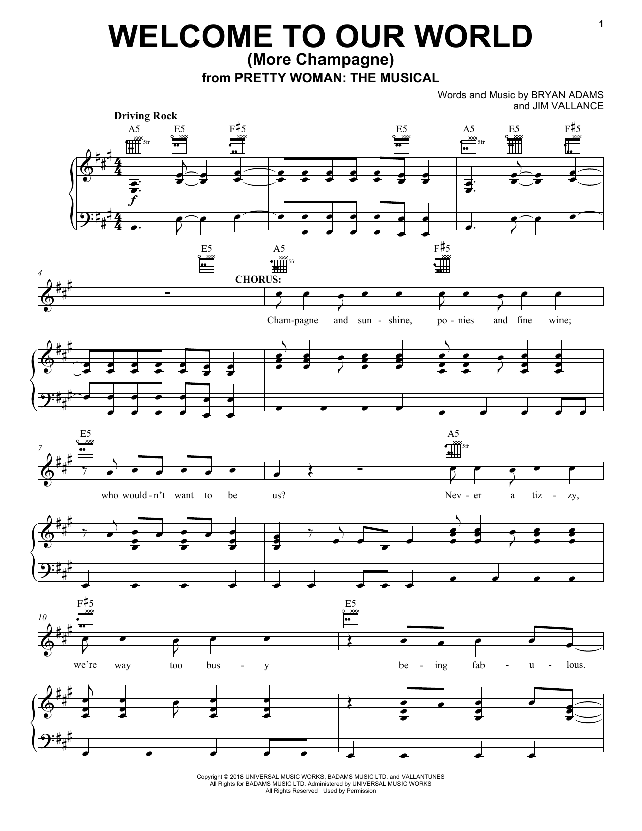 Bryan Adams & Jim Vallance Welcome To Our World (More Champagne) (from Pretty Woman: The Musical) sheet music notes and chords arranged for Piano, Vocal & Guitar Chords (Right-Hand Melody)