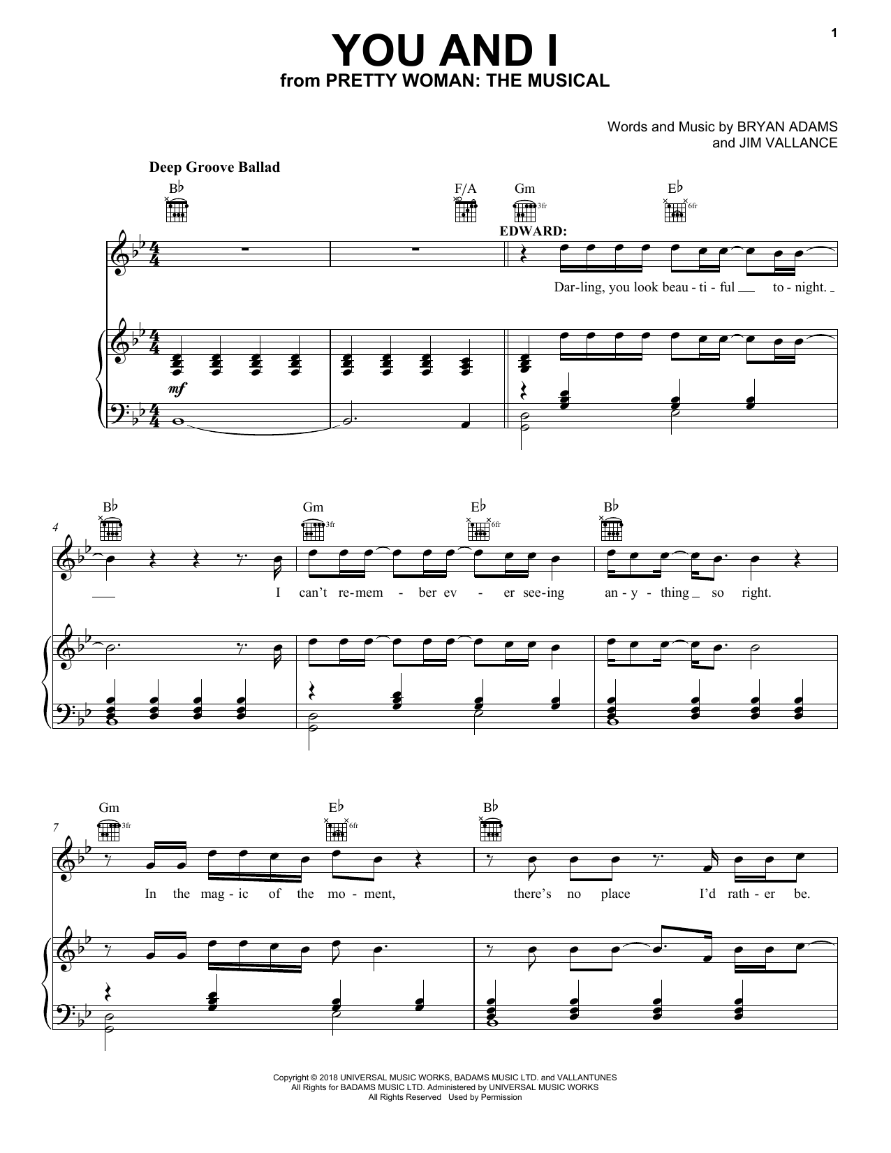Bryan Adams & Jim Vallance You And I (from Pretty Woman: The Musical) sheet music notes and chords arranged for Piano, Vocal & Guitar Chords (Right-Hand Melody)