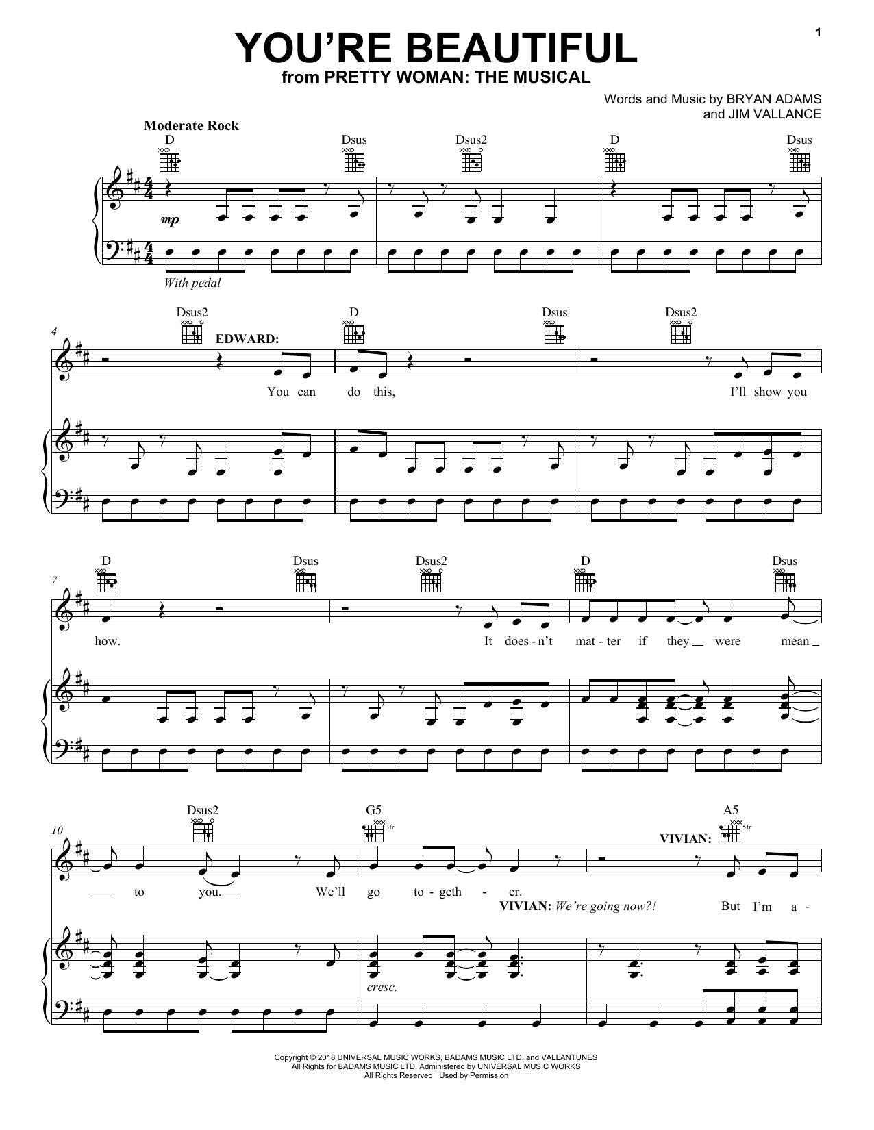 Bryan Adams & Jim Vallance You're Beautiful (from Pretty Woman: The Musical) sheet music notes and chords arranged for Piano, Vocal & Guitar Chords (Right-Hand Melody)