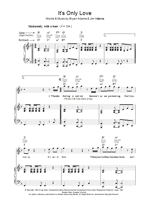 Tina Turner It's Only Love sheet music notes and chords arranged for Piano, Vocal & Guitar Chords
