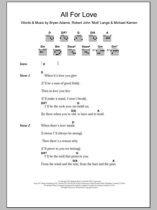 Bryan Adams All For Love sheet music notes and chords arranged for Guitar Chords/Lyrics