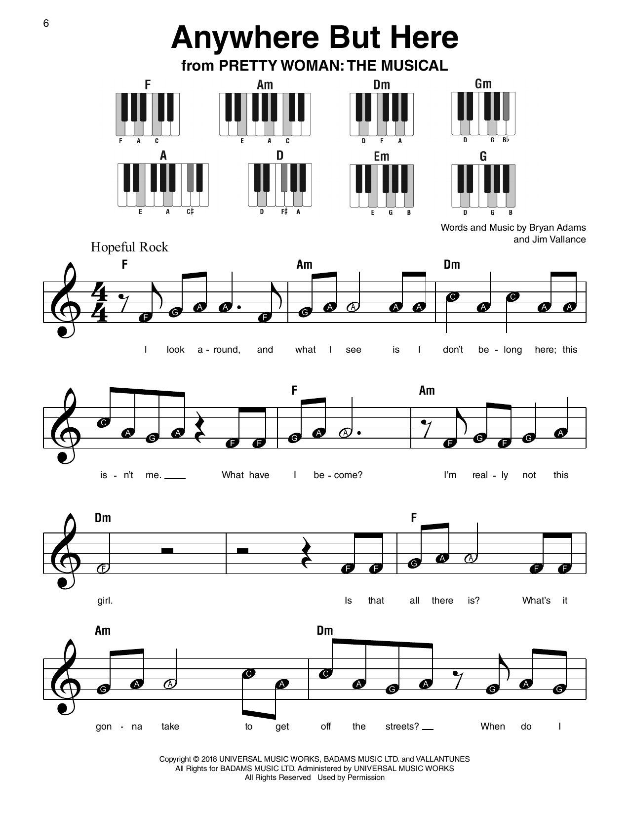 Bryan Adams Anywhere But Here (from Pretty Woman: The Musical) sheet music notes and chords arranged for Super Easy Piano