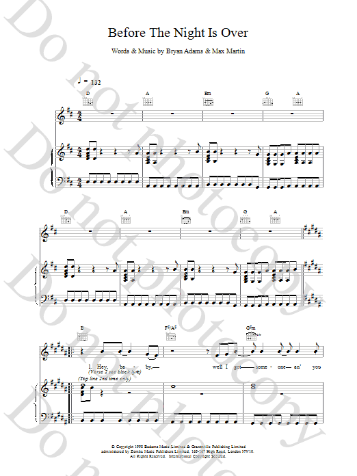 Bryan Adams Before The Night Is Over sheet music notes and chords arranged for Piano, Vocal & Guitar Chords