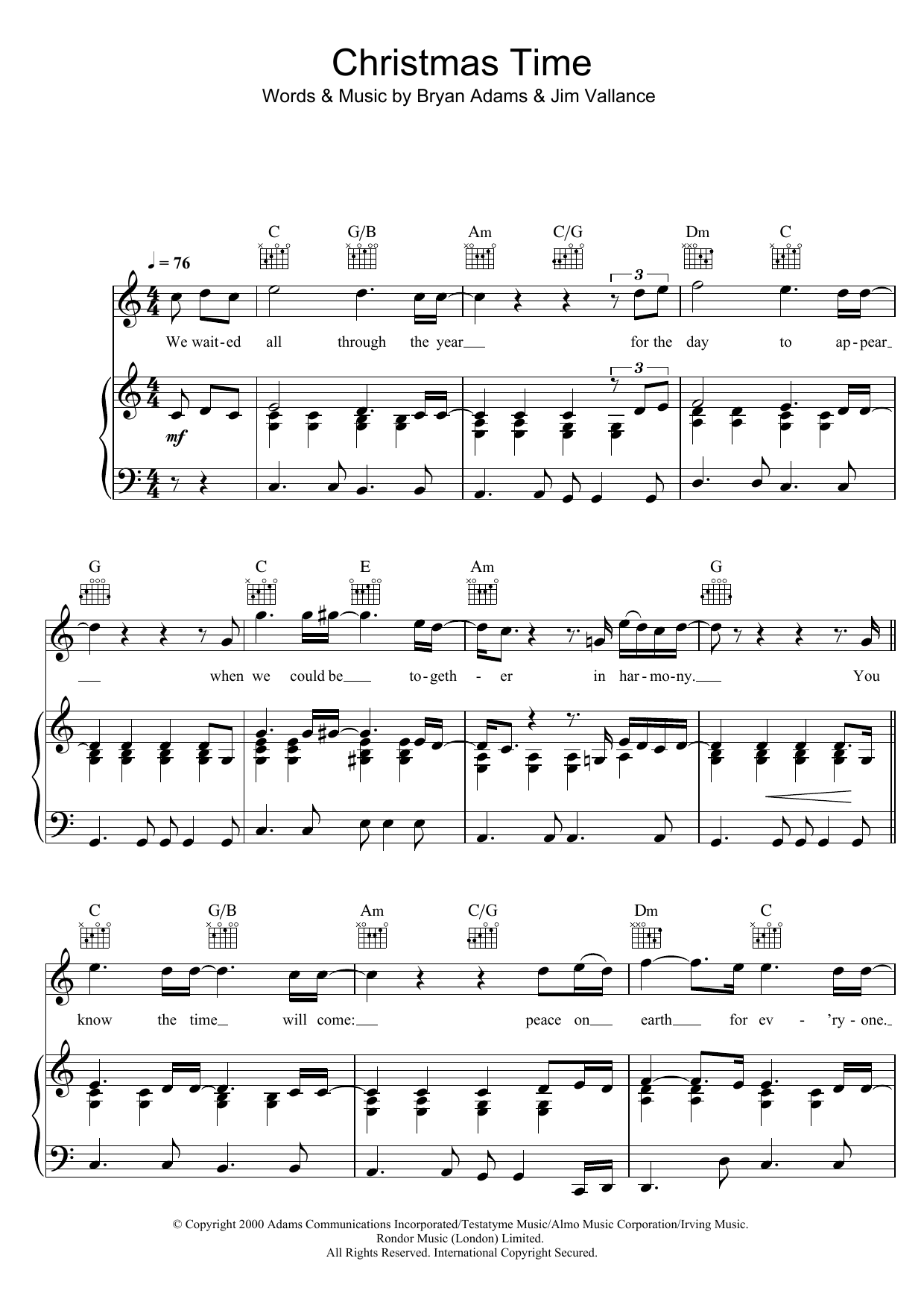 Bryan Adams Christmas Time sheet music notes and chords arranged for Piano, Vocal & Guitar Chords (Right-Hand Melody)