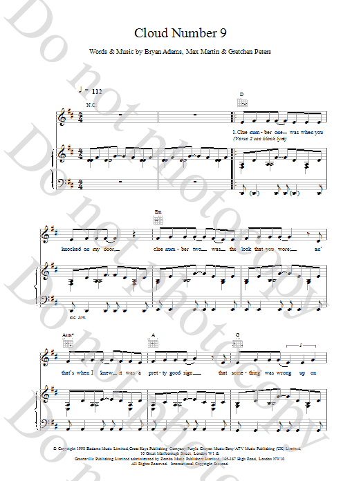 Bryan Adams Cloud Number Nine sheet music notes and chords arranged for Piano, Vocal & Guitar Chords