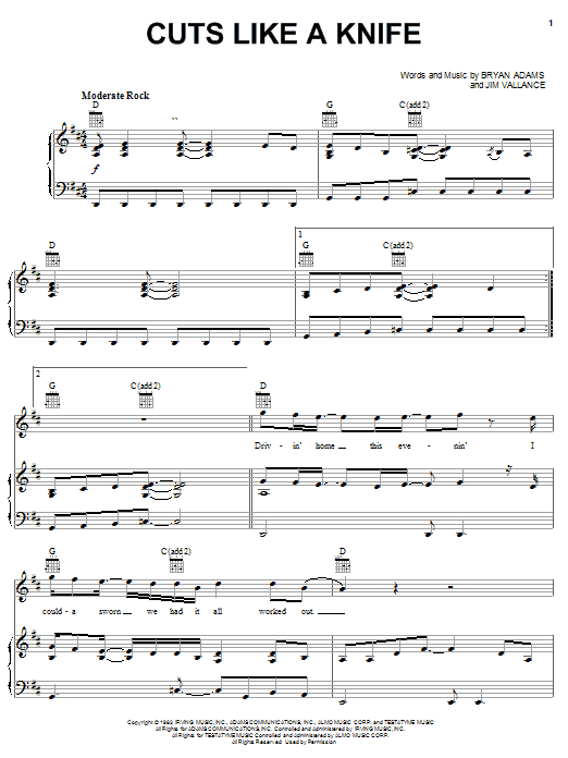 Bryan Adams Cuts Like A Knife sheet music notes and chords arranged for Easy Piano