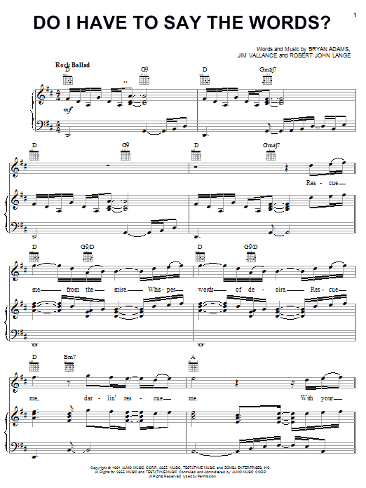 Bryan Adams Do I Have To Say The Words? sheet music notes and chords arranged for Piano, Vocal & Guitar Chords (Right-Hand Melody)